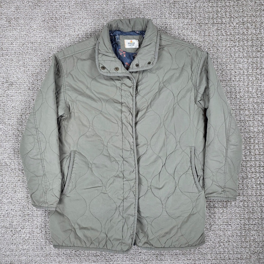 Marine Layer Mens XS Quilted Military Jacket Olive Green Floral Lining Snap